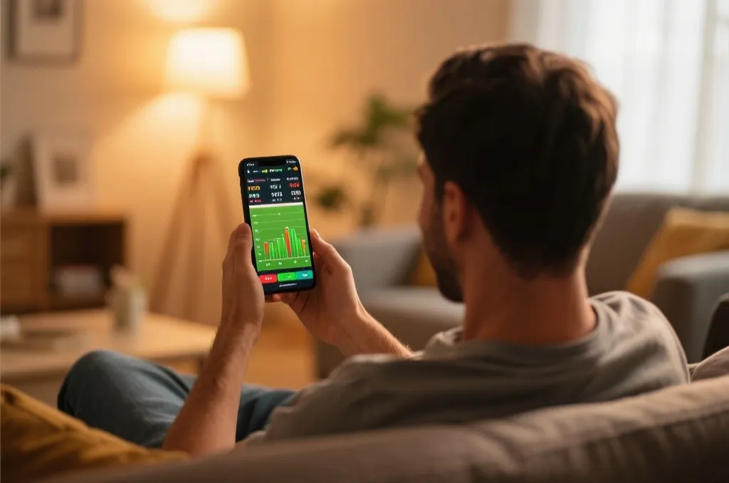 用户在沙发上手机观看滚球直播,界面显示赔率与统计图表