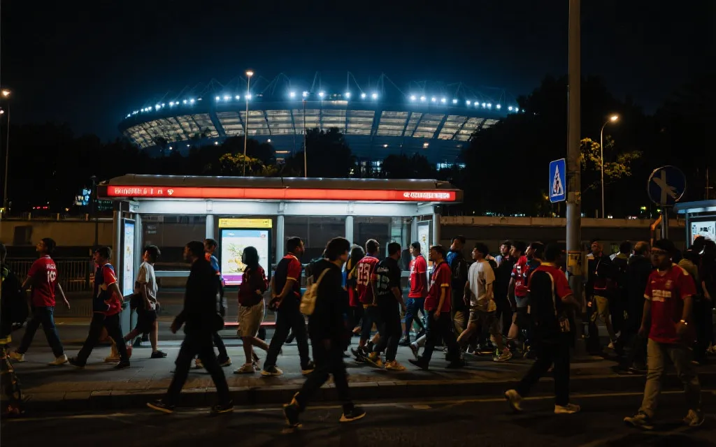 球迷步行前往公共交通站点，远处体育场灯光