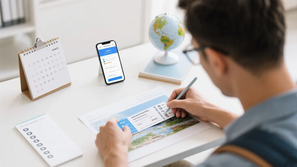 旅行者在桌前规划行程与电子票信息，屏幕上是日历与清单